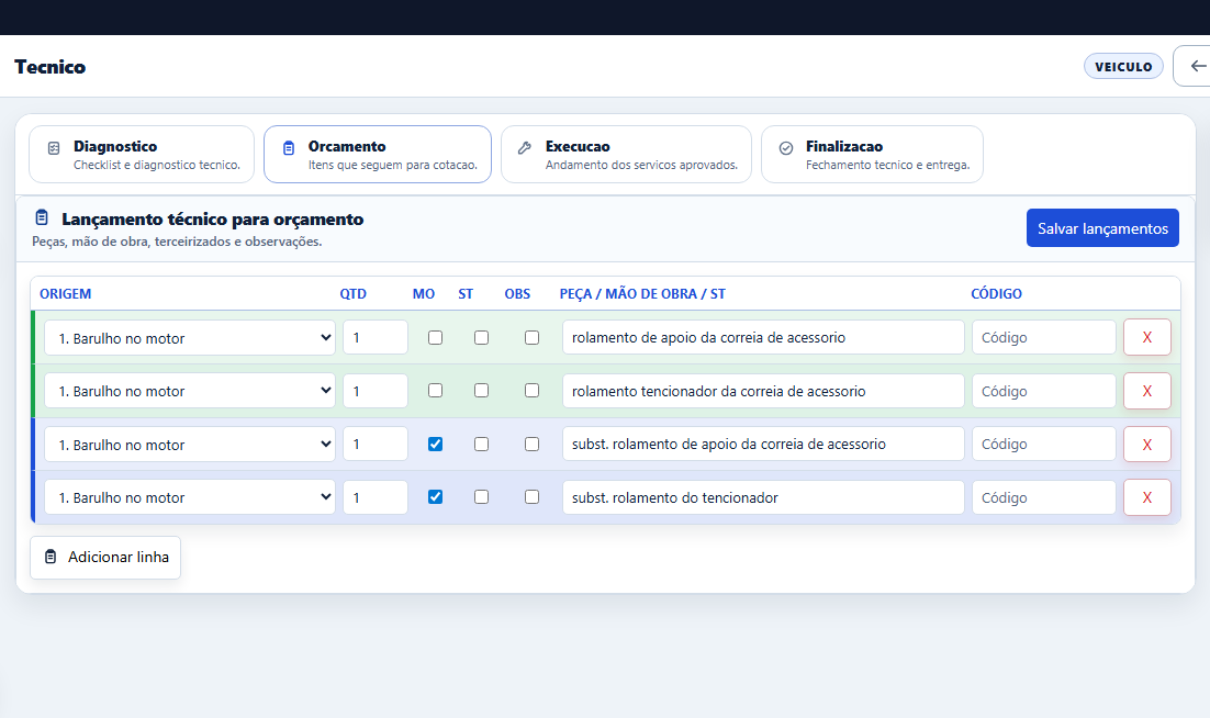 Tela de lançamento técnico do PatioZ