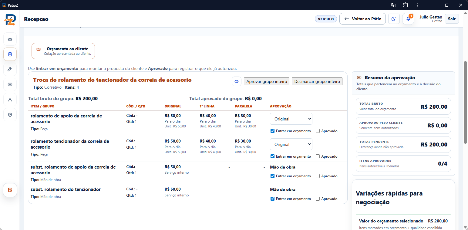 Tela de orçamento do PatioZ
